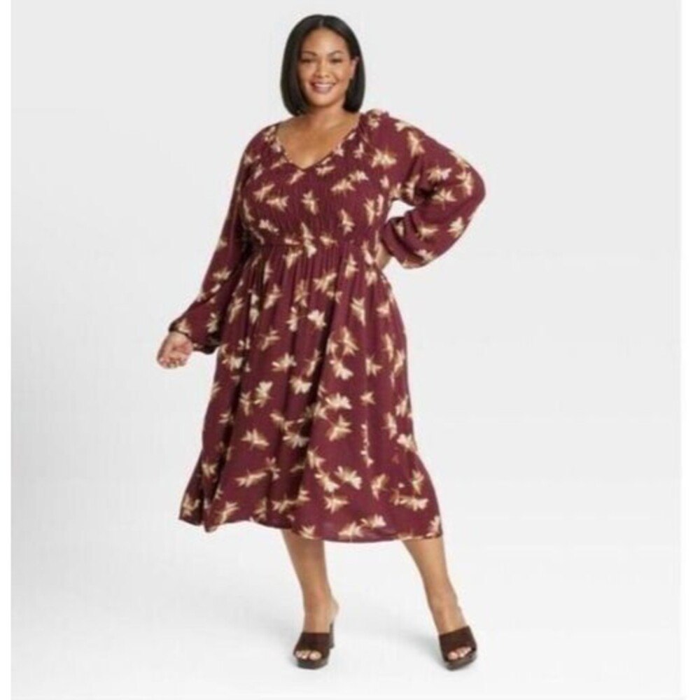 Ava & Viv smocked bodice midi dress‎ womens Plus Size 1X peasant Boho